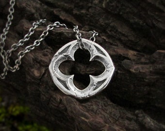 Silver Quatrefoil Necklace, Sterling silver gothic window charm, unique medieval cathedral jewelry for men and women, stylish lucky charm