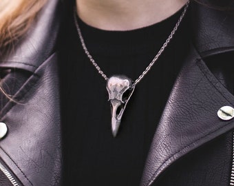 Large Raven Skull Necklace, 925 sterling silver crow skull necklace, bird skull pendant, viking shaman spirit animal totem for norse witch