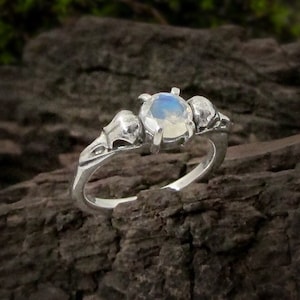 Raven Skull Moonstone Ring, Sterling silver gothic promise ring, dainty goth bird skull ring, stackable witchy engagement ring