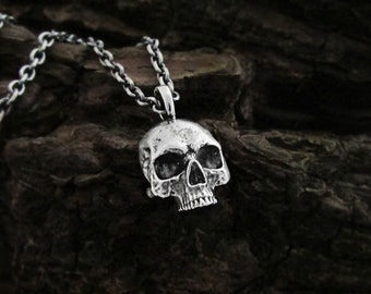 Small Human Skull Necklace, Sterling silver skull charm, creepy cute memento mori jewelry gift for men and women, layering skull pendant