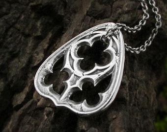 Planchette Necklace Large, 925 sterling silver gothic window tracery charm, unique ouiji planchette jewelry gift, necromancer amulet