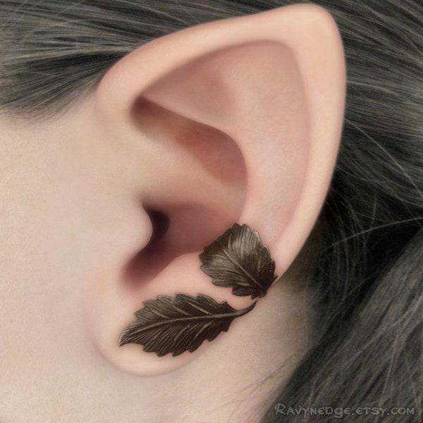 Dark Brown Leaves Left Ear Cuff - Fantasy Earcuff, No Piercing