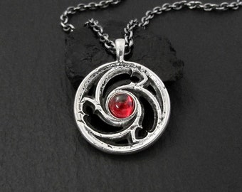 Small Triskele Gothic Window Charm, Sterling silver red garnet necklace, medieval castle architecture pendant for dark academia