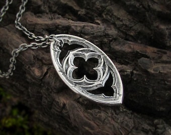 Quatrefoil Evil Eye Necklace, Sterling silver gothic window charm, unique medieval cathedral jewelry for men and women, spiritual protection