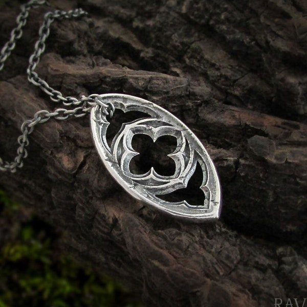 Quatrefoil Evil Eye Necklace, Sterling silver gothic window charm, unique medieval cathedral jewelry for men and women, spiritual protection