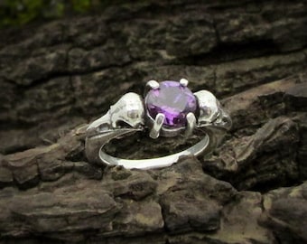 Raven Skull Amethyst Promise Ring, Sterling silver gothic wedding ring, dainty goth February birthstone ring, witchy engagement ring