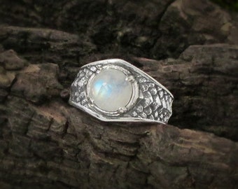 Draco Rainbow Moonstone Ring, Size 7, Sterling silver dragon scale ring, nontraditional witchy engagement ring for women, dragon lover gift