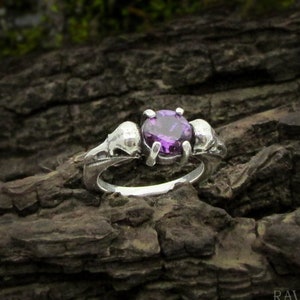 Raven Skull Amethyst Promise Ring, Sterling silver gothic wedding ring, dainty goth February birthstone ring, witchy engagement ring
