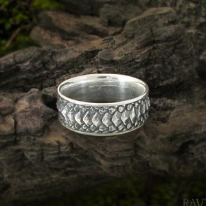 Dragon Scale Ring, 925 sterling silver mens wedding ring, goth non traditional engagement ring for women, comfort fit wide band statement