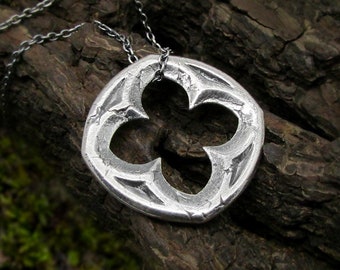 Large Silver Quatrefoil Necklace, Sterling silver gothic window charm, unique medieval cathedral jewelry for men and women, lucky charm