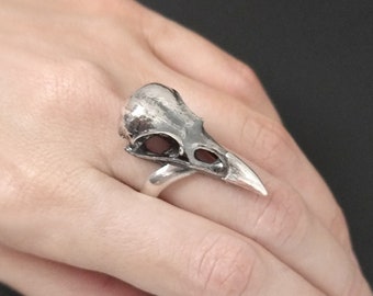 Raven Skull Ring, 925 sterling silver crow skull ring, edgy viking bird skull rings for heathen witch, womens evil queen witchy occult gift
