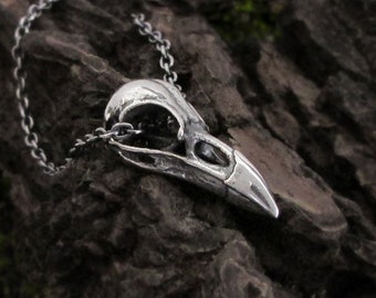 Tiny Raven Skull Necklace, 925 sterling silver raven necklace, crow skull necklace, creepy cute bird skull pagan amulet for pastel goth