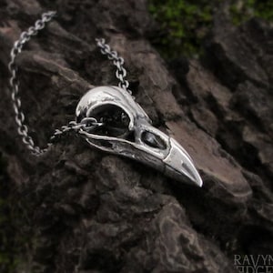 Tiny Raven Skull Necklace, 925 sterling silver raven necklace, crow skull necklace, creepy cute bird skull pagan amulet for pastel goth