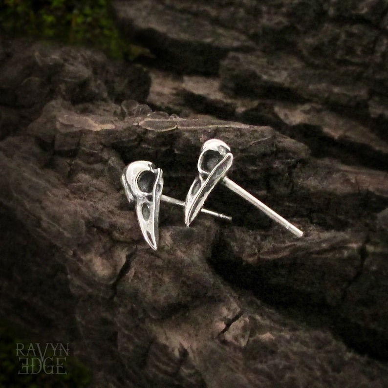 Tiny Bird Skull Earrings, 925 sterling silver raven skull stud earrings