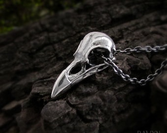 Tiny Raven Skull Necklace, 925 sterling silver raven necklace, crow skull necklace, cute bird skull charm, norse witch spirit animal totem