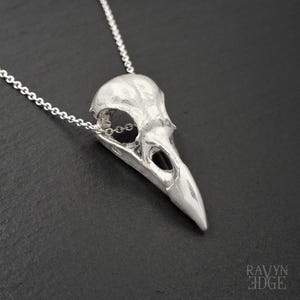 Large Raven Skull Necklace, 925 shiny sterling silver crow skull necklace, dramatic bird skull pendant, viking necklace for norse witch
