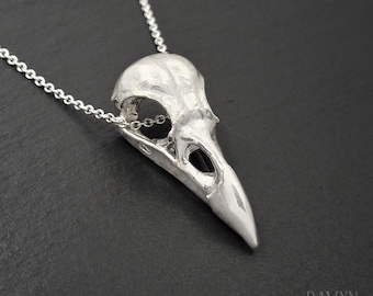 Large Raven Skull Necklace, 925 shiny sterling silver crow skull necklace, dramatic bird skull pendant, viking necklace for norse witch