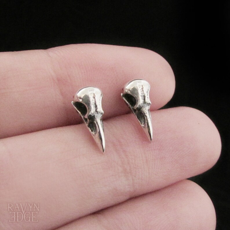 Tiny Bird Skull Earrings, 925 sterling silver raven skull stud earrings