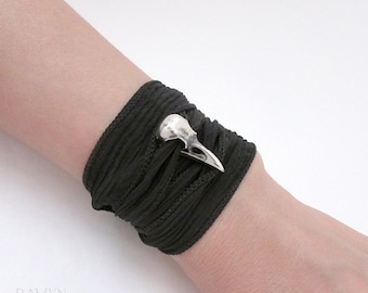 Small Crow Skull Bracelet, 925 sterling silver bird skull with silk wrap or leather wrap. Viking raven skull jewelry for men or women gift