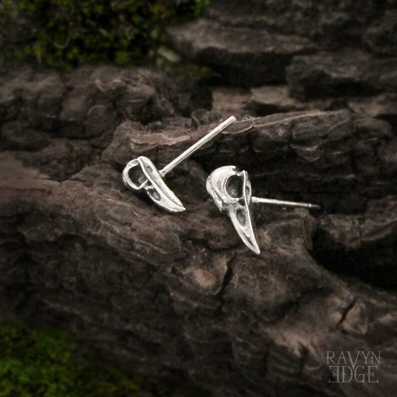 Tiny Bird Skull Earrings, 925 sterling silver raven skull stud earrings