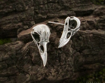 Raven Skull Earrings, 925 Sterling silver bird skull earrings for men or women, male viking earrings, crow skull earrings, norse ear studs