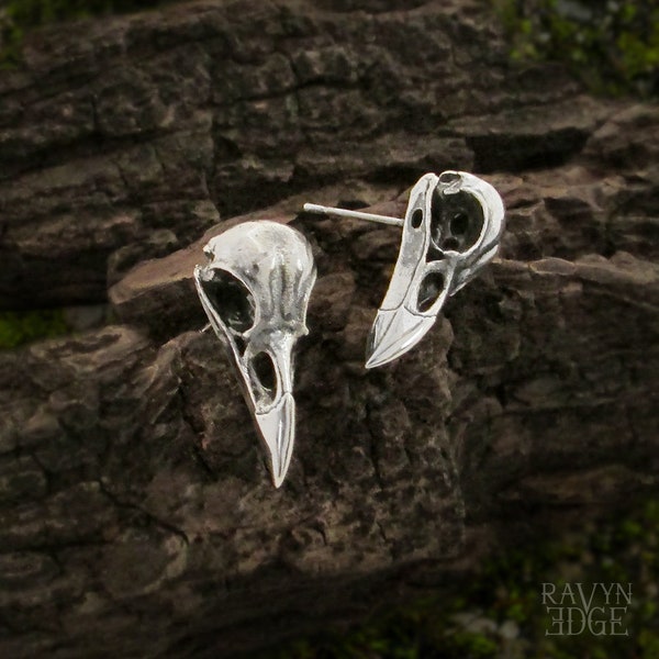 Raven Skull Earrings, 925 Sterling silver bird skull earrings for men or women, male viking earrings, crow skull earrings, norse ear studs