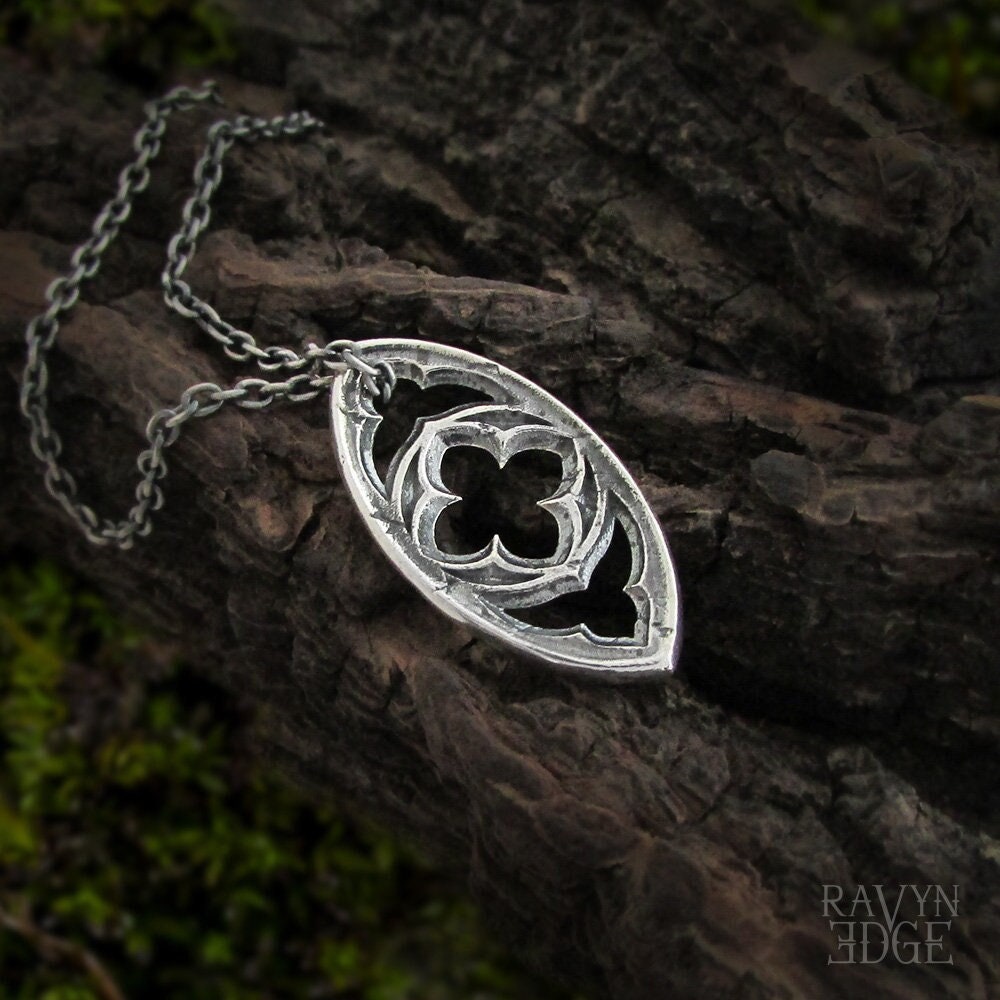 Quatrefoil Evil Eye Necklace, Sterling silver gothic window charm, unique medieval cathedral jewelry for men and women, spiritual protection