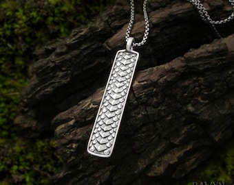 Sterling Silver Scale Necklace, Dragon, mermaid, or snake skin pendant, long vertical bar necklace, dnd fantasy jewelry gift for men & women