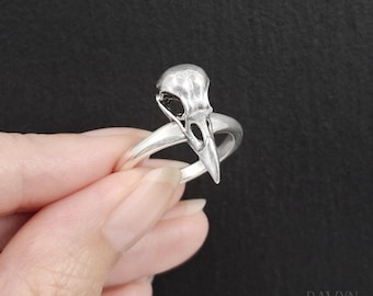 Small Raven Skull Ring, Size 9 US, 925 sterling silver bird skull ring, dainty crow ring for dark aesthetic