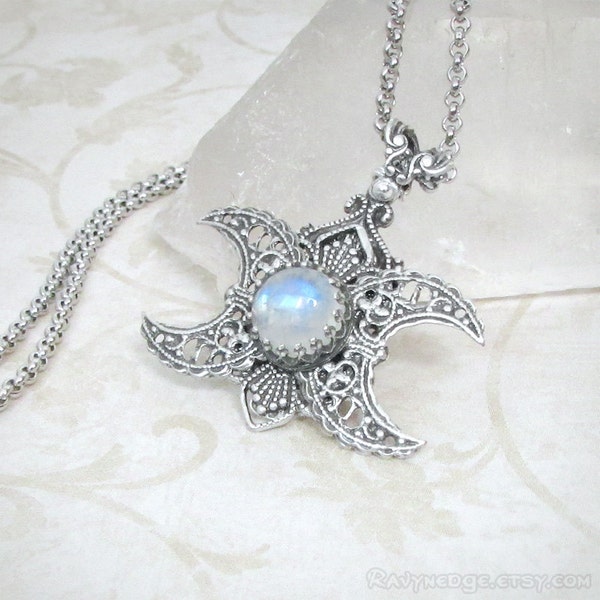 Goddess Within Rainbow Moonstone Necklace, Triple Moon Goddess Silver Pendant, Triple Goddess Jewelry, Divine Feminine, Witchy, Wicca Magick