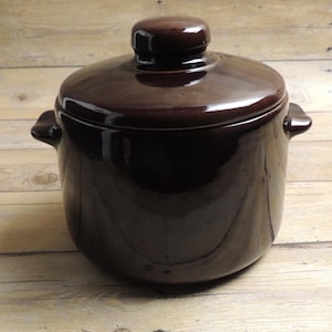 May include: A dark brown ceramic pot with a matching lid and two small side handles. The pot has a smooth, glossy finish and a cylindrical shape. The lid features a central knob handle, and the entire piece is a solid, deep chocolate brown color.