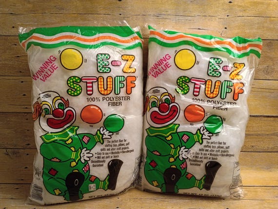 Vintage Polyester Fiberfill E-Z Stuff, Retro 12oz Bag Craft Stuffing for Pillows & Toys, Collectible Clown Packaging, Set of 2