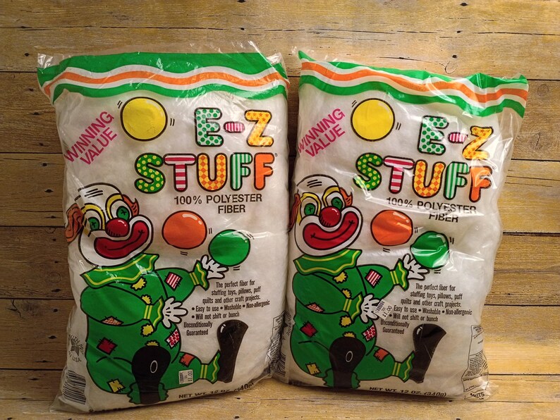 Vintage Polyester Fiberfill E-Z Stuff, Retro 12oz Bag Craft Stuffing for Pillows & Toys, Collectible Clown Packaging, Set of 2