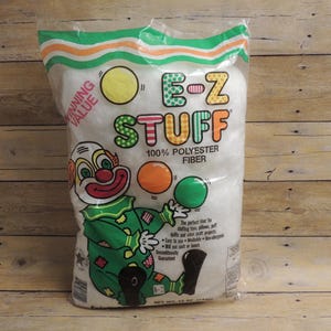 Vintage Polyester Fiberfill E-Z Stuff, Retro 12oz Bag Craft Stuffing for Pillows & Toys, Collectible Clown Packaging, Set of 2