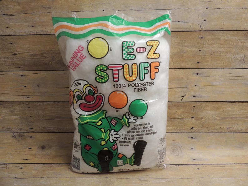 Vintage Polyester Fiberfill E-Z Stuff, Retro 12oz Bag Craft Stuffing for Pillows & Toys, Collectible Clown Packaging, Set of 2