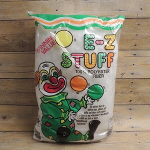 Vintage Polyester Fiberfill E-Z Stuff, Retro 12oz Bag Craft Stuffing for Pillows & Toys, Collectible Clown Packaging, Set of 2