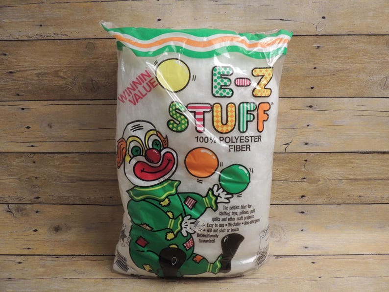Vintage Polyester Fiberfill E-Z Stuff, Retro 12oz Bag Craft Stuffing for Pillows & Toys, Collectible Clown Packaging, Set of 2