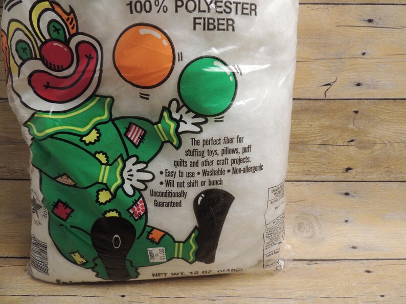 Vintage Polyester Fiberfill E-Z Stuff, Retro 12oz Bag Craft Stuffing for Pillows & Toys, Collectible Clown Packaging, Set of 2