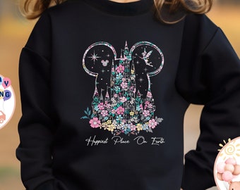 Happiest Place on Earth Toddler Sweatshirt, Disneyland Mickey Baby Onesie®, Disney Castle Floral Kids Shirt, Disney Family Trip Sweatshirt