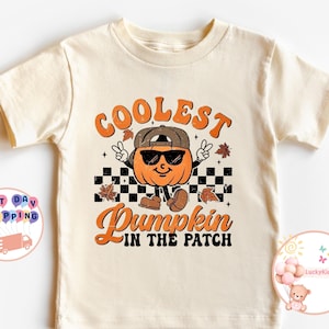 May include: A beige short-sleeved t-shirt with a graphic of a pumpkin wearing sunglasses and a hat. The text "Coolest Pumpkin in the Patch" is printed on the shirt.