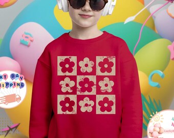 Retro Flower Toddler Sweatshirt, Checkered Flower Baby Bodysuit, Flower Lover Kids T-Shirt, Retro Daisy Toddler Tee, Gift For Girls