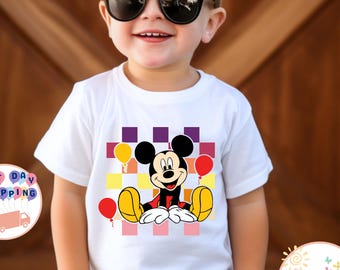 Checkered Mickey Mouse Kids T-Shirt, Disney Balloons Toddler Sweatshirt, Disney Family Trip Baby Onesie®, Boys Mickey Shirt, Disney Gifts