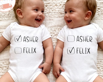 Custom Name Twins Baby Onesie®, Baby Twin Name Bodysuit, Personalized Check Mark Onesie®, Baby Shower Gift, Funny Twin Gift