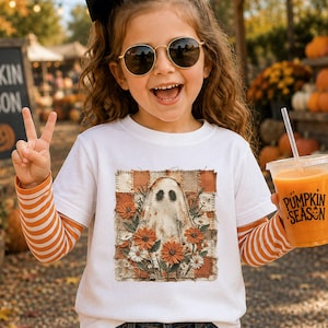 Faux Patchwork Ghost Kids T-Shirt, Autumn Floral Ghost Toddler Sweatshirt, Girly Halloween Party Shirt