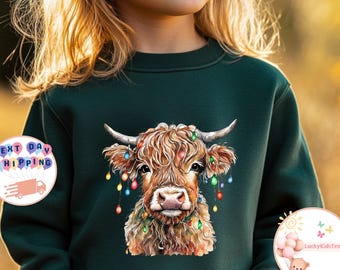 Christmas Cow Kids Shirt, Holiday Lights, Xmas Farm Animal