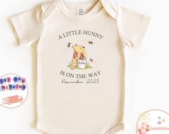 The Pooh Custom Baby Onesie®, A little Hunny Is On The Way Baby Bodysuit, Personalized Winnie The Pooh Kids Shirt, Disney Pooh Sweatshirt