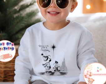 Mickey And Pluto Sketch Art Christmas Toddler Sweatshirt, Believe In The Wonder Of Christmas Kids T-Shirt, Disney Christmas Castle Onesie®