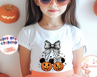 Cherry Pumpkin Mouse Kids T-Shirt, Coquette Halloween Pumpkin Toddler Sweatshirt, Disney Halloween Party Baby Onesie®, Halloween Girly Tee