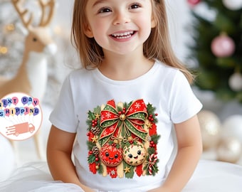 Può includere: Una t-shirt bianca a maniche corte con una stampa grafica di due decorazioni natalizie sorridenti, un grande fiocco rosso e verde, rami di pino, pigne e un bastoncino di zucchero, centrata sul petto del capo.