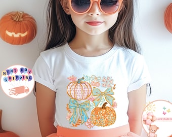 Coquette Bow Pumpkin Kids T-Shirt, Floral Pumpkin Baby Onesie®, Pumpkin Season Toddler Sweatshirt, Girls Thanksgiving Tee, Thanksgiving Gift
